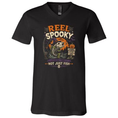 Reel Spooky Halloween Fishing Shirt, Funny Skeleton Fish T-Shirt, Spooky Fisherman Halloween Gift, Black, V-Neck T-Shirt
