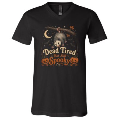 Dead Tired But Still Spooky Opossum Shirt, Funny Possum Halloween T-Shirt, Vintage Spooky Animal Halloween Tee, Black, V-Neck T-Shirt