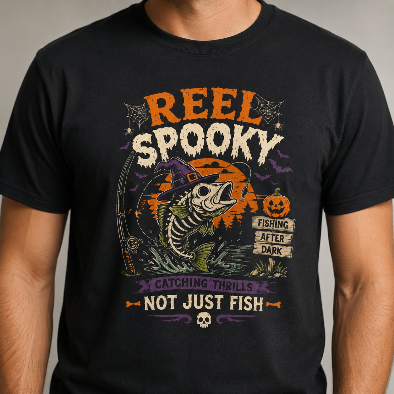 Reel Spooky Halloween Fishing Shirt, Funny Skeleton Fish T-Shirt, Spooky Fisherman Halloween Gift - Image 3