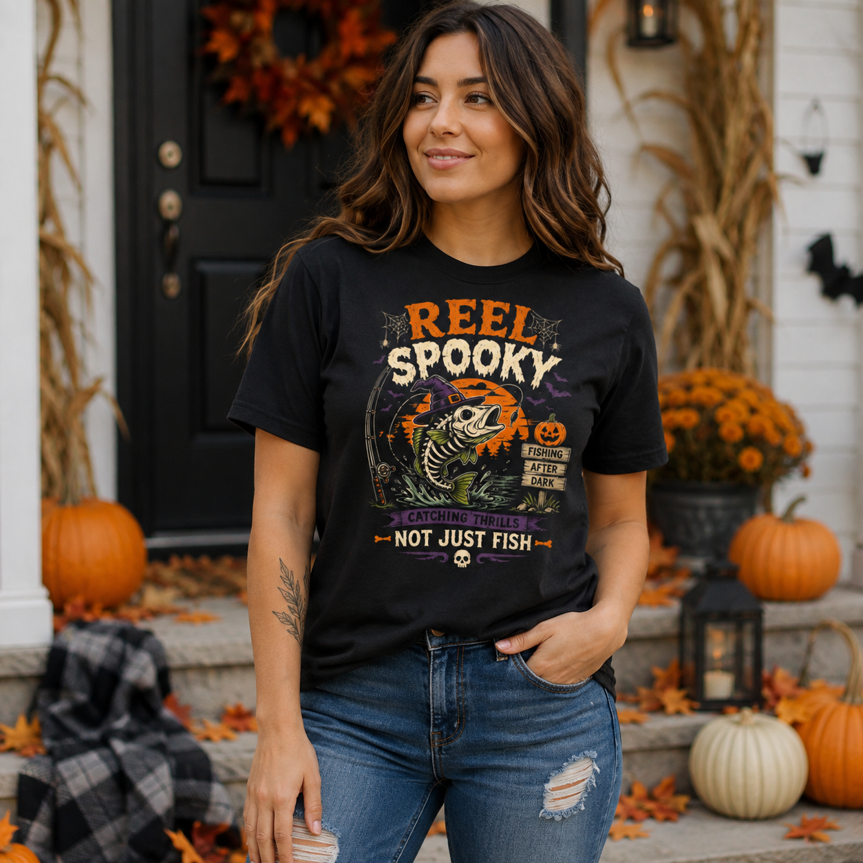 Reel Spooky Halloween Fishing Shirt, Funny Skeleton Fish T-Shirt, Spooky Fisherman Halloween Gift - Image 5