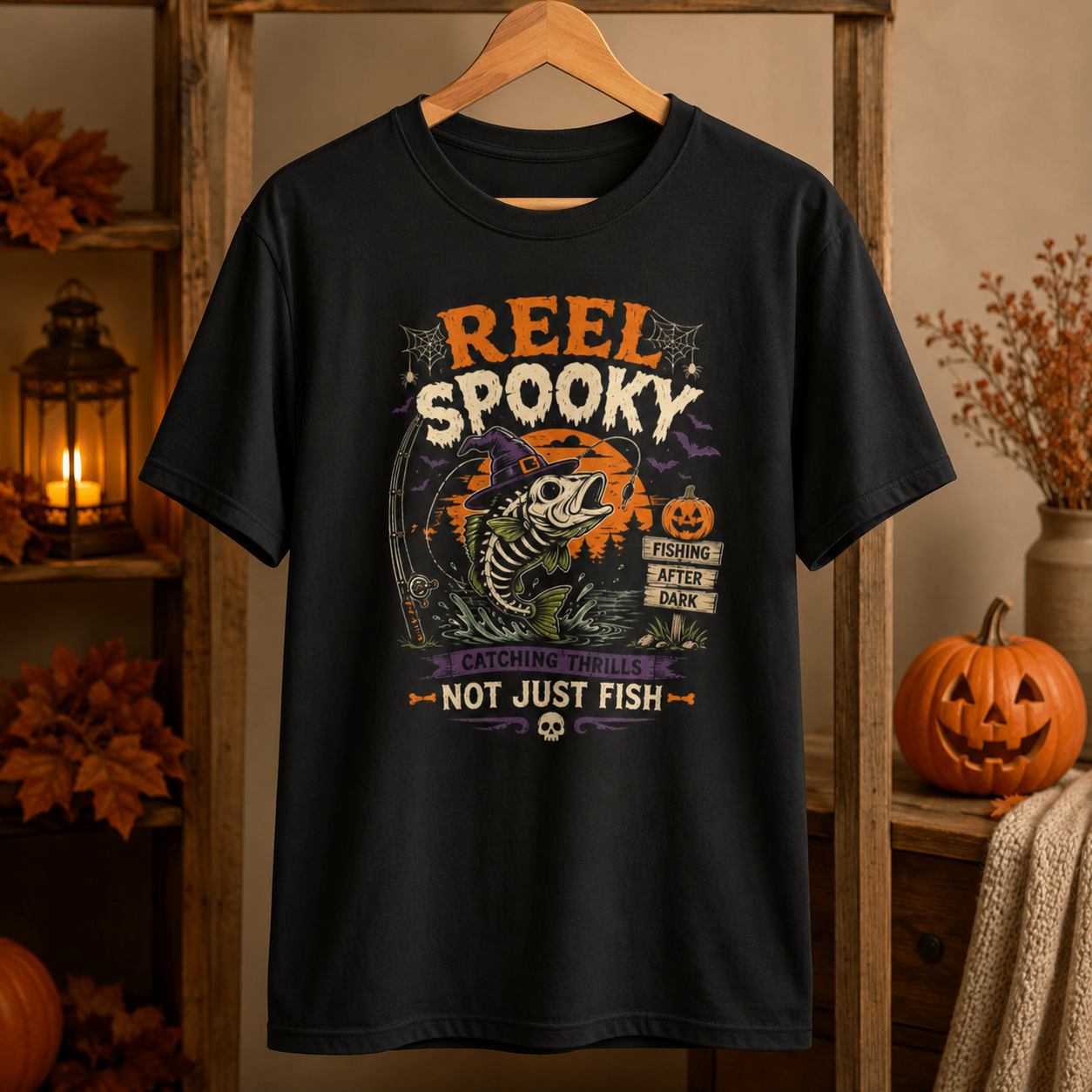 Reel Spooky Halloween Fishing Shirt, Funny Skeleton Fish T-Shirt, Spooky Fisherman Halloween Gift - Image 6