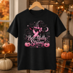 Boo-tifully Strong Breast Cancer Halloween Shirt, Pink Ribbon Witch T-Shirt, Breast Cancer Awareness Halloween Tee - Thumbnail Image 2