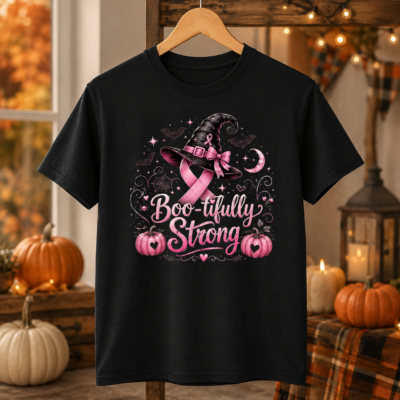 Alternative view of Boo-tifully Strong Breast Cancer Halloween Shirt, Pink Ribbon Witch T-Shirt, Breast Cancer Awareness Halloween Tee