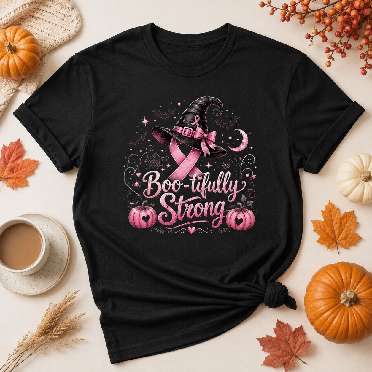 Boo-tifully Strong Breast Cancer Halloween Shirt, Pink Ribbon Witch T-Shirt, Breast Cancer Awareness Halloween Tee - Image 6