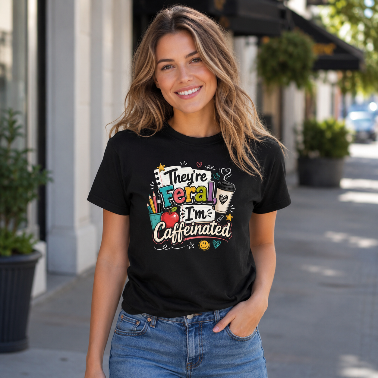 They're Feral I'm Caffeinated Teacher Shirt, Funny Teacher T-Shirt, Teacher Coffee Shirt, Back to School Teacher Tee - Image 5