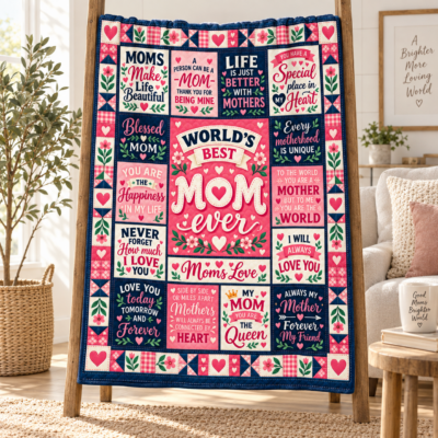 World’s Best Mom Blanket, Mother’s Day Gift for Mom, Mom Quote Blanket, Sentimental Mother Gift from Daughter Son