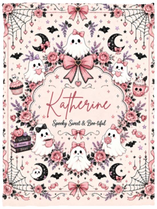 Personalized Pink Ghost Halloween Blanket, Custom Name Spooky Coquette Throw, Cute Ghost Fleece Blanket, White, Cozy Plush Fleece Blanket - 30x40