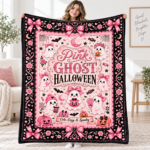 Pink Ghost Halloween Blanket, Cute Spooky Coquette Throw Blanket, Pink Bow Ghost Fleece Blanket, Girly Halloween Home Decor - Thumbnail Image 3