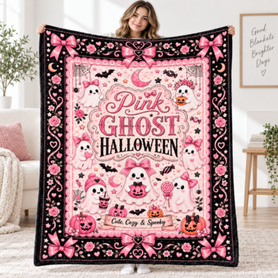 Alternative view of Pink Ghost Halloween Blanket, Cute Spooky Coquette Throw Blanket, Pink Bow Ghost Fleece Blanket, Girly Halloween Home Decor