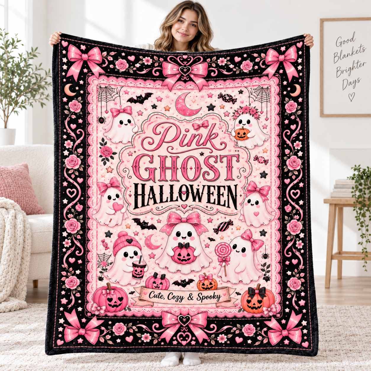 Pink Ghost Halloween Blanket, Cute Spooky Coquette Throw Blanket, Pink Bow Ghost Fleece Blanket, Girly Halloween Home Decor - Image 3