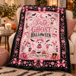 Pink Ghost Halloween Blanket, Cute Spooky Coquette Throw Blanket, Pink Bow Ghost Fleece Blanket, Girly Halloween Home Decor - Thumbnail Image 4