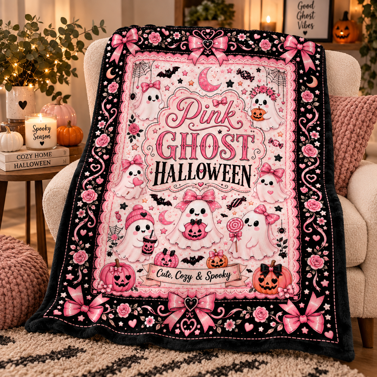 Pink Ghost Halloween Blanket, Cute Spooky Coquette Throw Blanket, Pink Bow Ghost Fleece Blanket, Girly Halloween Home Decor - Image 4