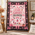 Pink Ghost Halloween Blanket, Cute Spooky Coquette Throw Blanket, Pink Bow Ghost Fleece Blanket, Girly Halloween Home Decor - Thumbnail Image 2