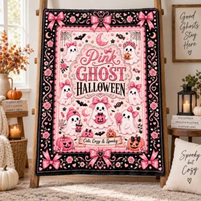 Pink Ghost Halloween Blanket, Cute Spooky Coquette Throw Blanket, Pink Bow Ghost Fleece Blanket, Girly Halloween Home Decor