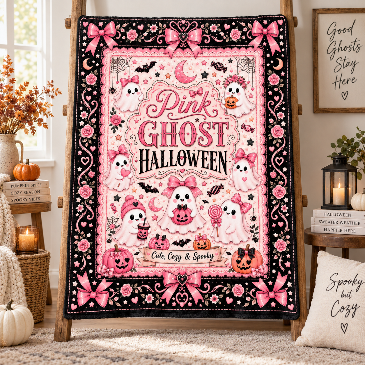 Pink Ghost Halloween Blanket, Cute Spooky Coquette Throw Blanket, Pink Bow Ghost Fleece Blanket, Girly Halloween Home Decor - Image 2