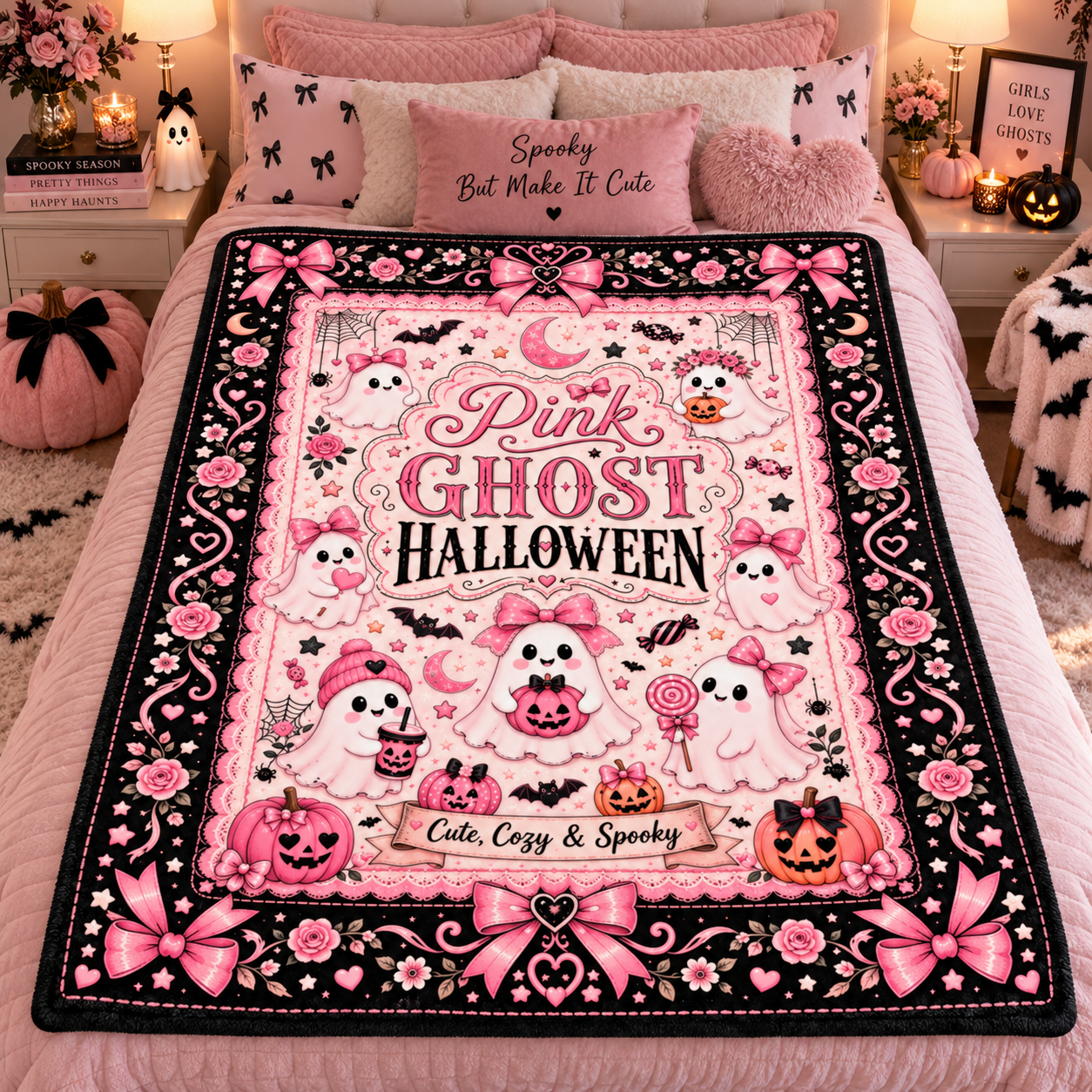Pink Ghost Halloween Blanket, Cute Spooky Coquette Throw Blanket, Pink Bow Ghost Fleece Blanket, Girly Halloween Home Decor - Image 8