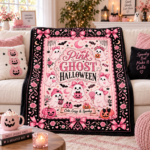 Pink Ghost Halloween Blanket, Cute Spooky Coquette Throw Blanket, Pink Bow Ghost Fleece Blanket, Girly Halloween Home Decor - Thumbnail Image 6