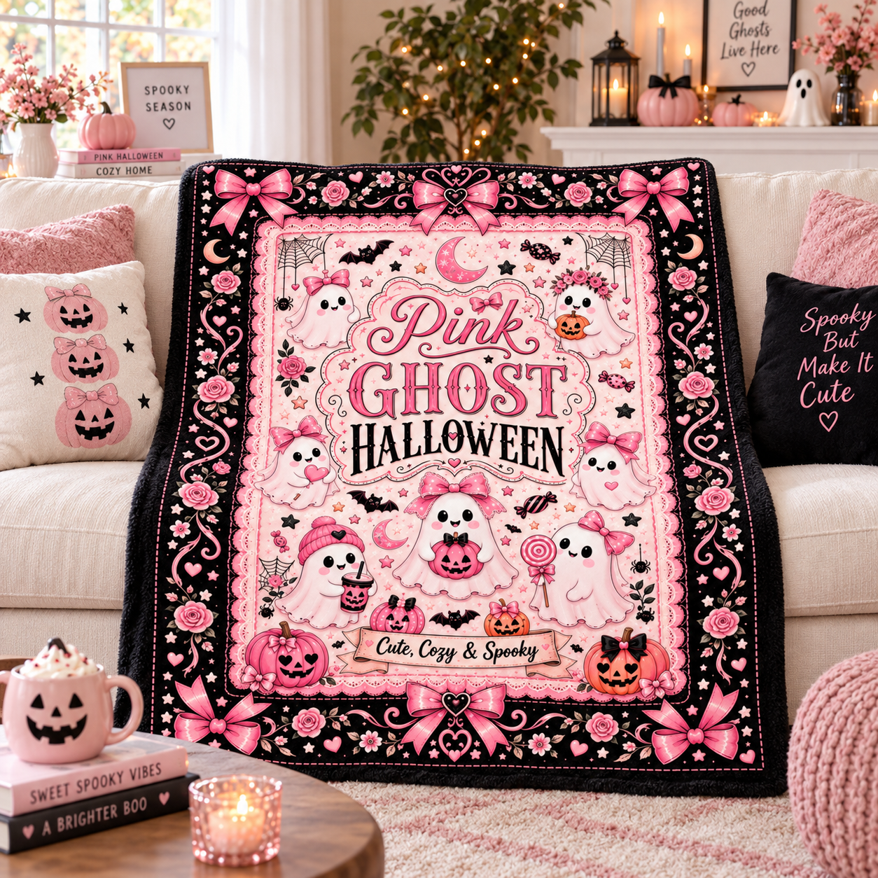 Pink Ghost Halloween Blanket, Cute Spooky Coquette Throw Blanket, Pink Bow Ghost Fleece Blanket, Girly Halloween Home Decor - Image 6