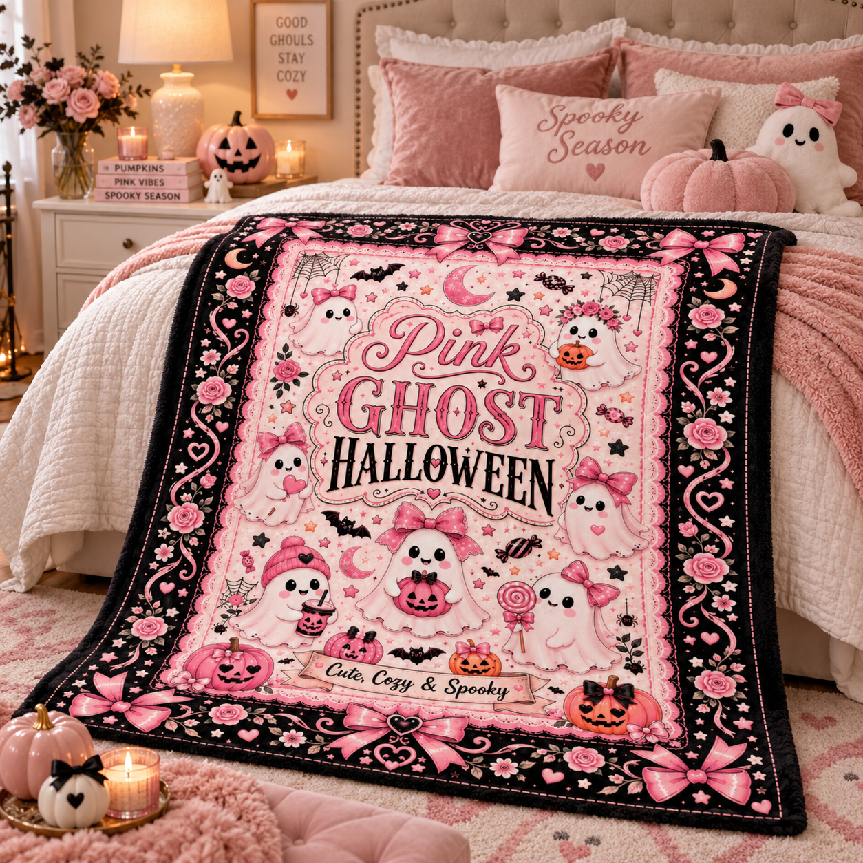 Pink Ghost Halloween Blanket, Cute Spooky Coquette Throw Blanket, Pink Bow Ghost Fleece Blanket, Girly Halloween Home Decor - Image 7