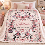 Personalized Pink Ghost Halloween Blanket, Custom Name Spooky Coquette Throw, Cute Ghost Fleece Blanket, Halloween Gift for Her - Thumbnail Image 3