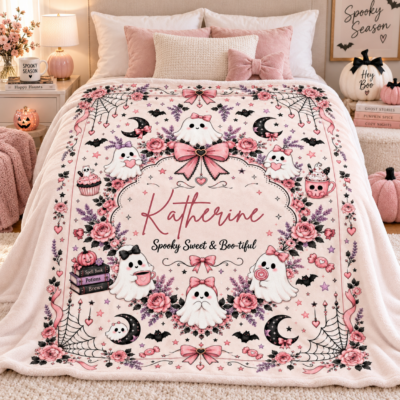 Alternative view of Personalized Pink Ghost Halloween Blanket, Custom Name Spooky Coquette Throw, Cute Ghost Fleece Blanket, Halloween Gift for Her