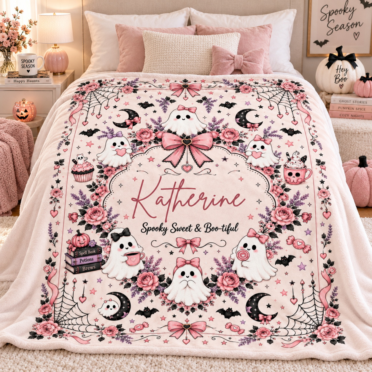 Personalized Pink Ghost Halloween Blanket, Custom Name Spooky Coquette Throw, Cute Ghost Fleece Blanket, Halloween Gift for Her - Image 3