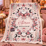 Personalized Pink Ghost Halloween Blanket, Custom Name Spooky Coquette Throw, Cute Ghost Fleece Blanket, Halloween Gift for Her - Thumbnail Image 4