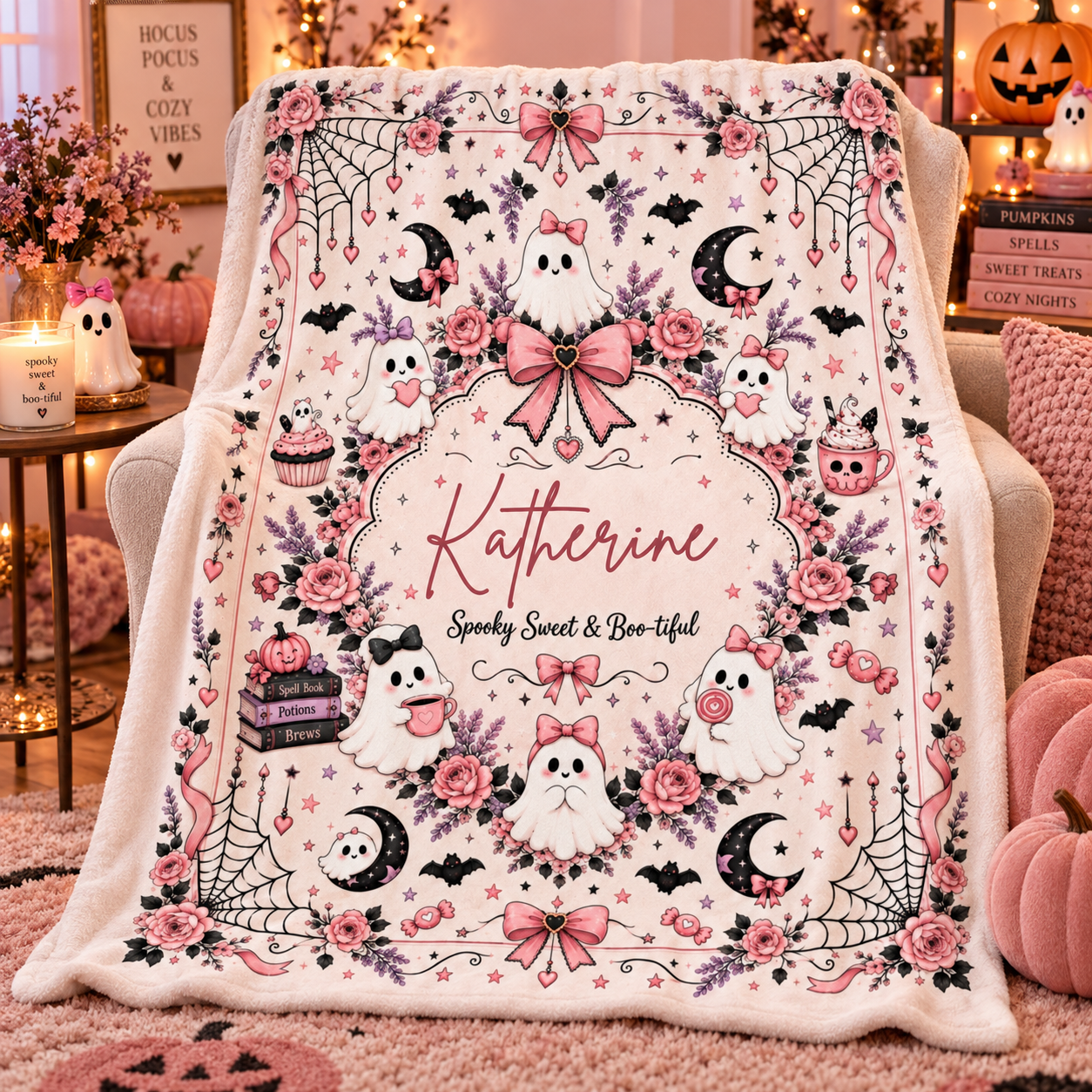 Personalized Pink Ghost Halloween Blanket, Custom Name Spooky Coquette Throw, Cute Ghost Fleece Blanket, Halloween Gift for Her - Image 4