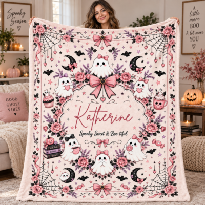 Personalized Pink Ghost Halloween Blanket, Custom Name Spooky Coquette Throw, Cute Ghost Fleece Blanket, Halloween Gift for Her