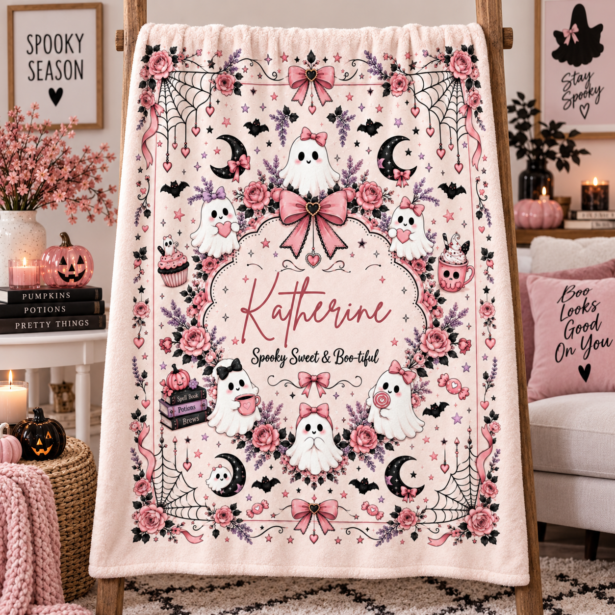 Personalized Pink Ghost Halloween Blanket, Custom Name Spooky Coquette Throw, Cute Ghost Fleece Blanket, Halloween Gift for Her - Image 7