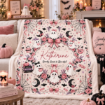 Personalized Pink Ghost Halloween Blanket, Custom Name Spooky Coquette Throw, Cute Ghost Fleece Blanket, Halloween Gift for Her - Thumbnail Image 8