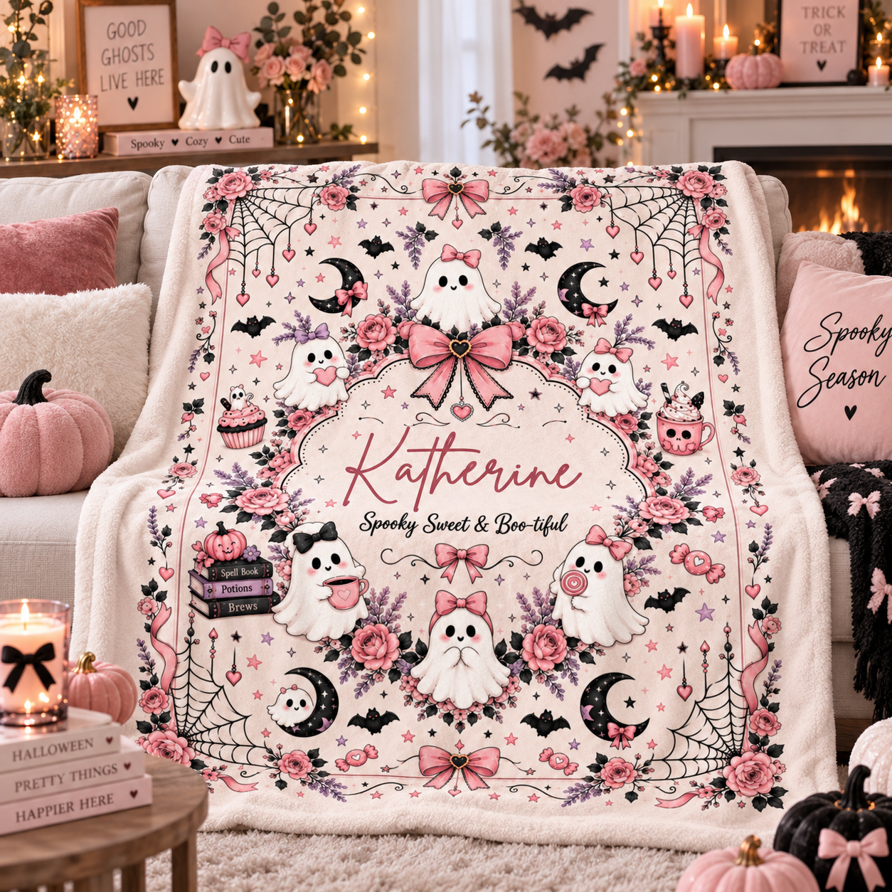 Personalized Pink Ghost Halloween Blanket, Custom Name Spooky Coquette Throw, Cute Ghost Fleece Blanket, Halloween Gift for Her - Image 8