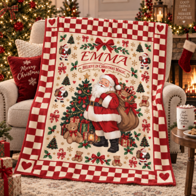 Alternative view of Personalized Vintage Santa Christmas Blanket, Custom Name Believe in Christmas Magic Throw, Retro Santa Fleece Blanket, Christmas Gift for Kids