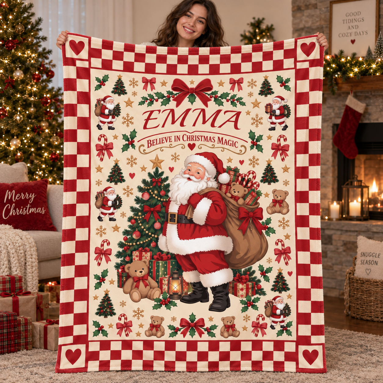 Personalized Vintage Santa Christmas Blanket, Custom Name Believe in Christmas Magic Throw, Retro Santa Fleece Blanket, Christmas Gift for Kids - Image 5