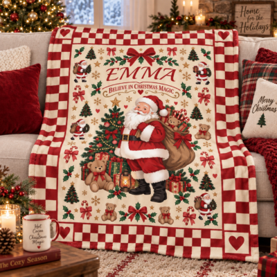 Personalized Vintage Santa Christmas Blanket, Custom Name Believe in Christmas Magic Throw, Retro Santa Fleece Blanket, Christmas Gift for Kids