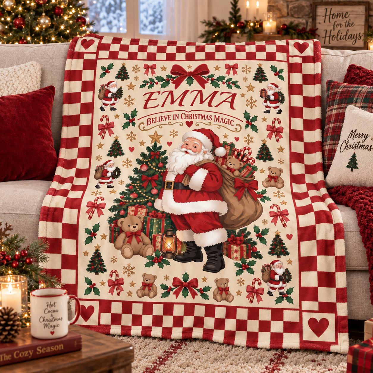 Personalized Vintage Santa Christmas Blanket, Custom Name Believe in Christmas Magic Throw, Retro Santa Fleece Blanket, Christmas Gift for Kids - Image 2