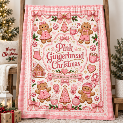 Pink Gingerbread Christmas Blanket, Cute Coquette Holiday Throw Blanket, Pink Christmas Fleece Blanket