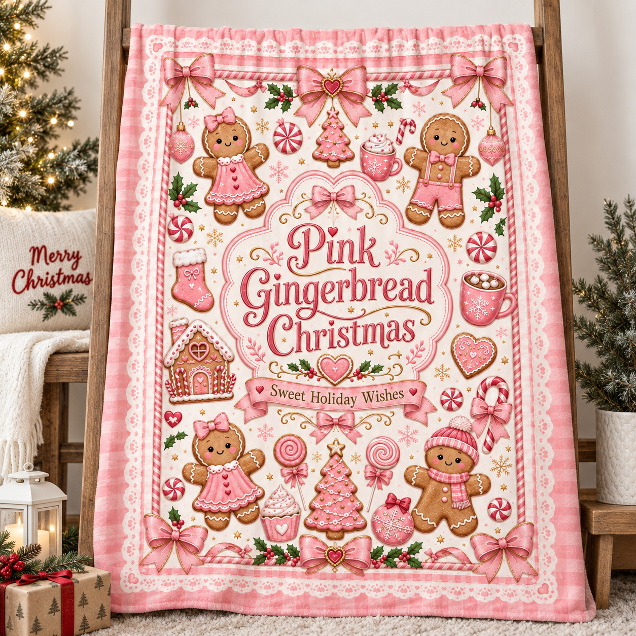 Pink Gingerbread Christmas Blanket, Cute Coquette Holiday Throw Blanket, Pink Christmas Fleece Blanket - Image 2