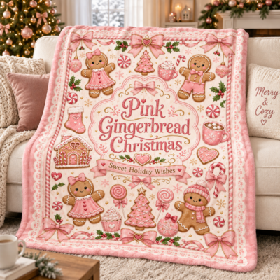 Alternative view of Pink Gingerbread Christmas Blanket, Cute Coquette Holiday Throw Blanket, Pink Christmas Fleece Blanket