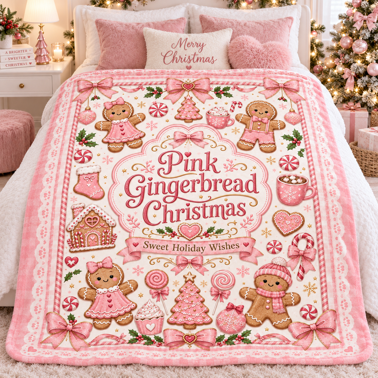 Pink Gingerbread Christmas Blanket, Cute Coquette Holiday Throw Blanket, Pink Christmas Fleece Blanket - Image 4