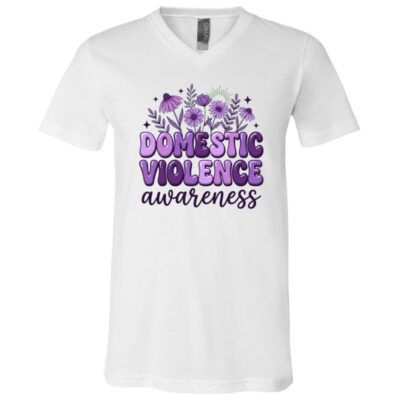Domestic Violence Awareness Shirt, Purple Ribbon Floral Support T-Shirt, Survivor Advocate Gift, White, V-Neck T-Shirt
