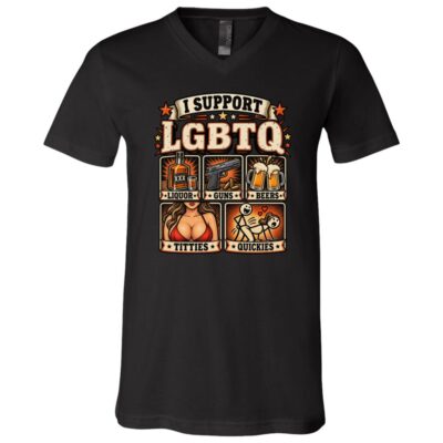 Funny I Support LGBTQ Shirt, Liquor Guns Beer Adult Humor T-Shirt, Sarcastic Drinking Gift, Black, V-Neck T-Shirt