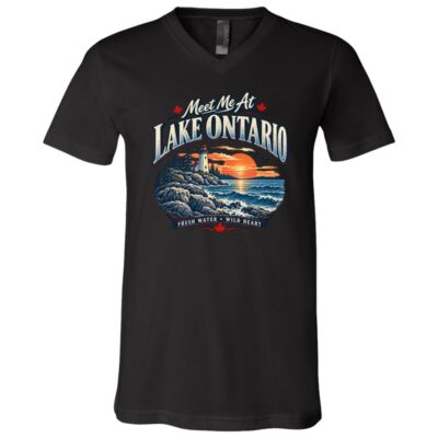 Meet Me at Lake Ontario Shirt, Vintage Lighthouse Sunset T-Shirt, Great Lakes Vacation Gift, Black, V-Neck T-Shirt