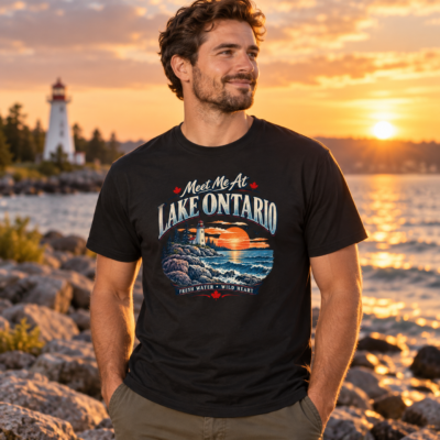 Alternative view of Meet Me at Lake Ontario Shirt, Vintage Lighthouse Sunset T-Shirt, Great Lakes Vacation Gift