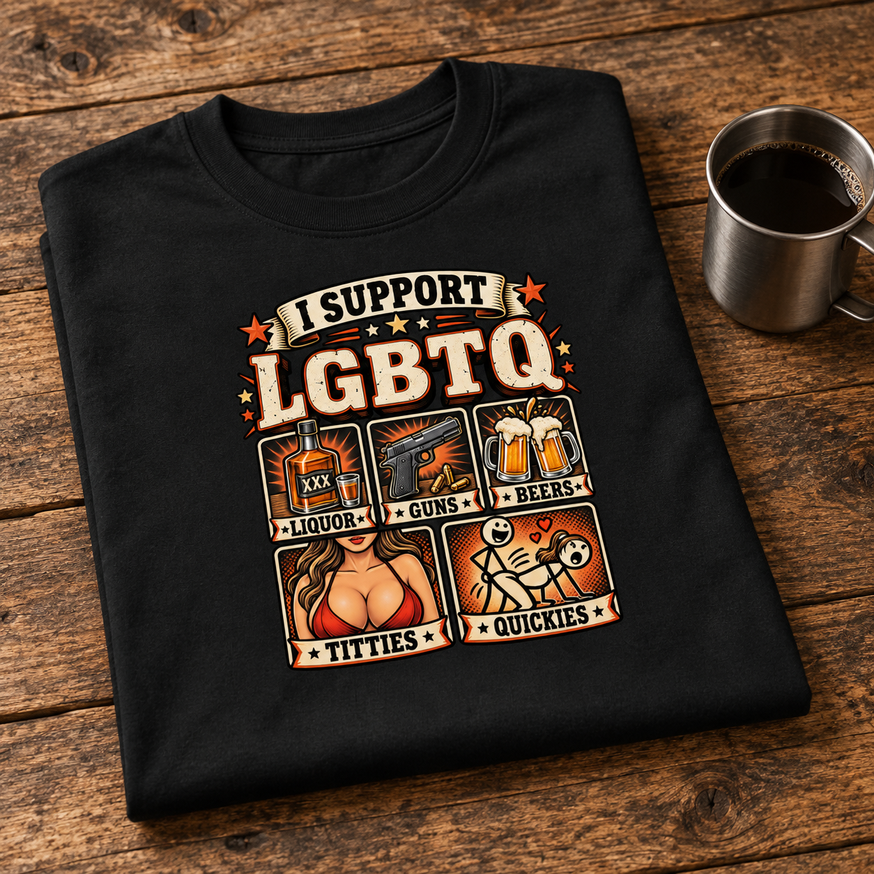 Funny I Support LGBTQ Shirt, Liquor Guns Beer Adult Humor T-Shirt, Sarcastic Drinking Gift - Image 2