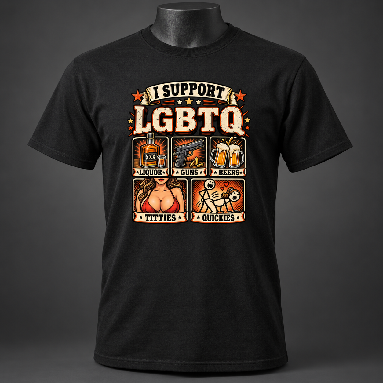 Funny I Support LGBTQ Shirt, Liquor Guns Beer Adult Humor T-Shirt, Sarcastic Drinking Gift - Image 4