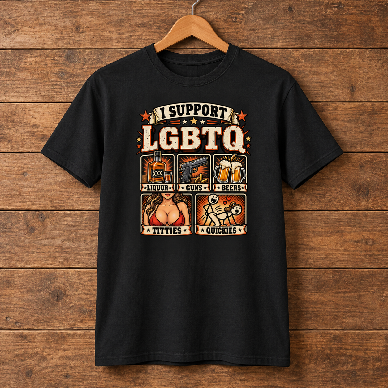 Funny I Support LGBTQ Shirt, Liquor Guns Beer Adult Humor T-Shirt, Sarcastic Drinking Gift - Image 5