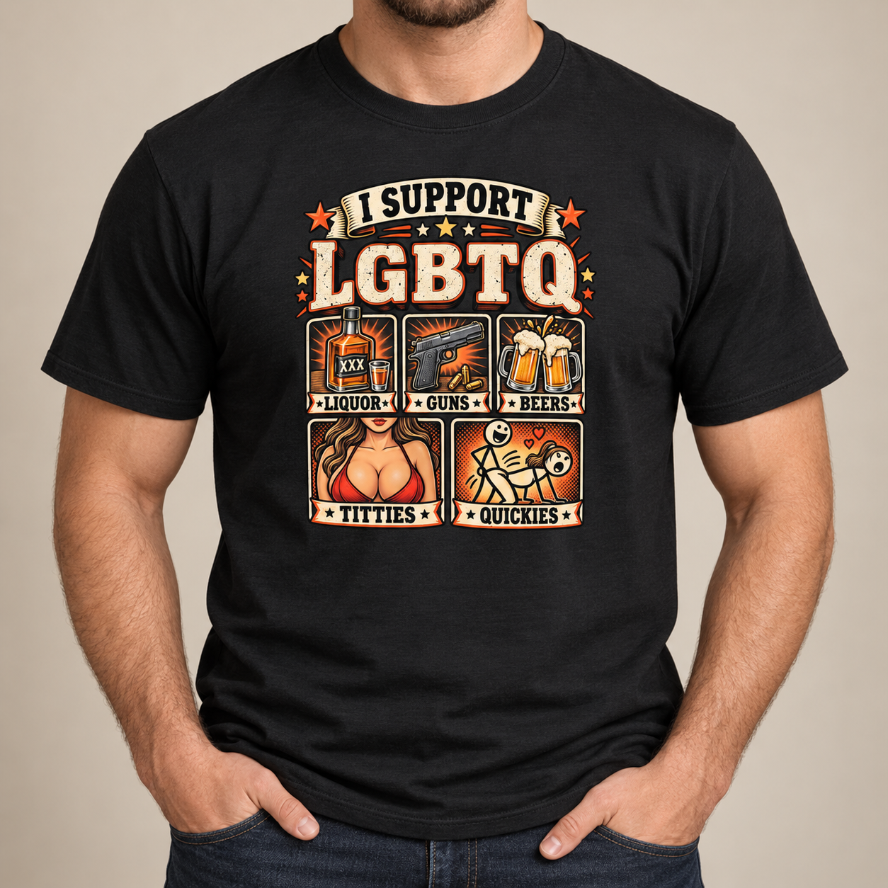 Funny I Support LGBTQ Shirt, Liquor Guns Beer Adult Humor T-Shirt, Sarcastic Drinking Gift - Image 7