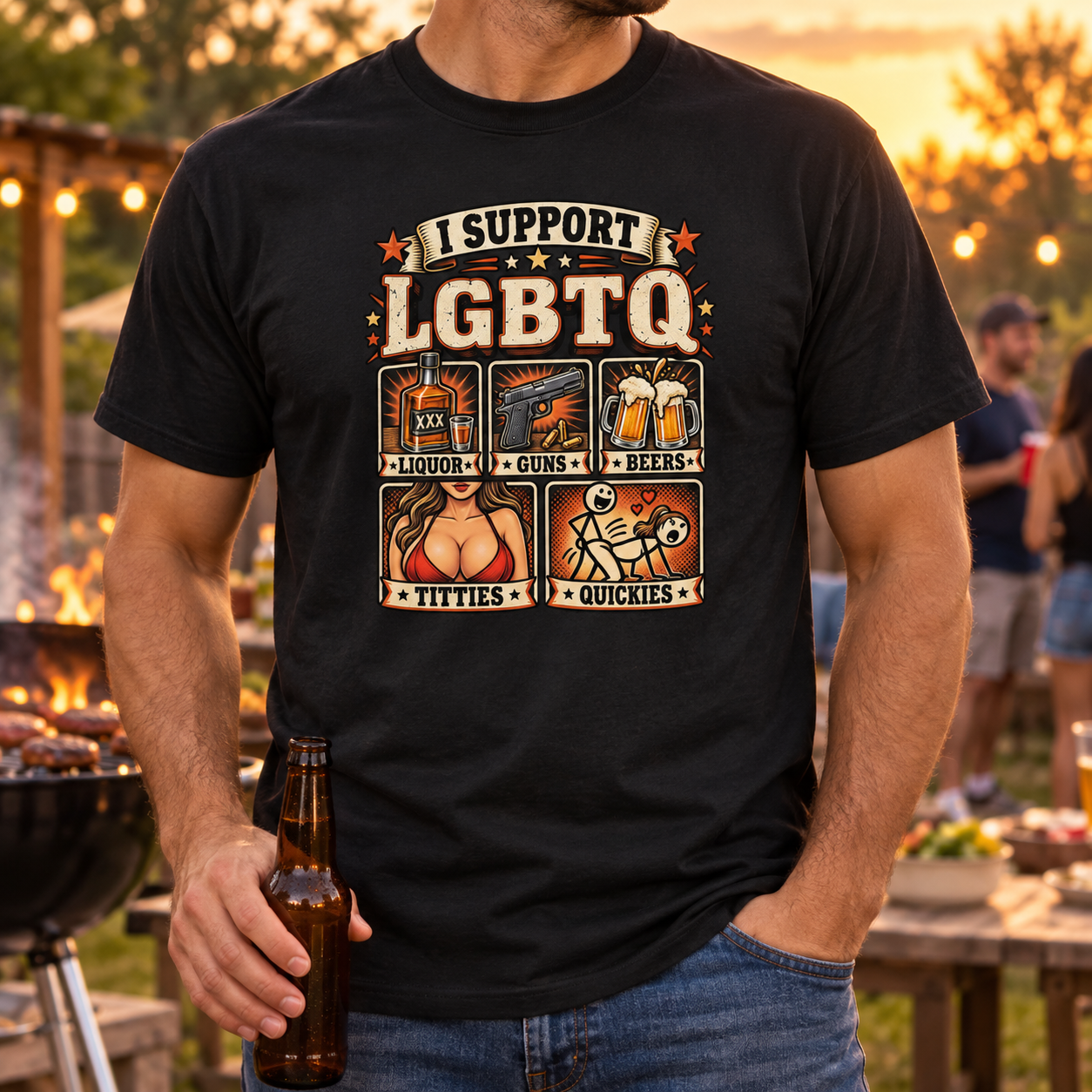 Funny I Support LGBTQ Shirt, Liquor Guns Beer Adult Humor T-Shirt, Sarcastic Drinking Gift - Image 8