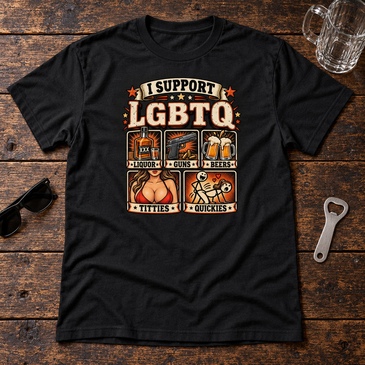 Funny I Support LGBTQ Shirt, Liquor Guns Beer Adult Humor T-Shirt, Sarcastic Drinking Gift - Image 9